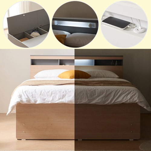LED 조명 + USB 충전 안방 침실 더블 침대 프레임 퀸 (좌측서랍 2도어)